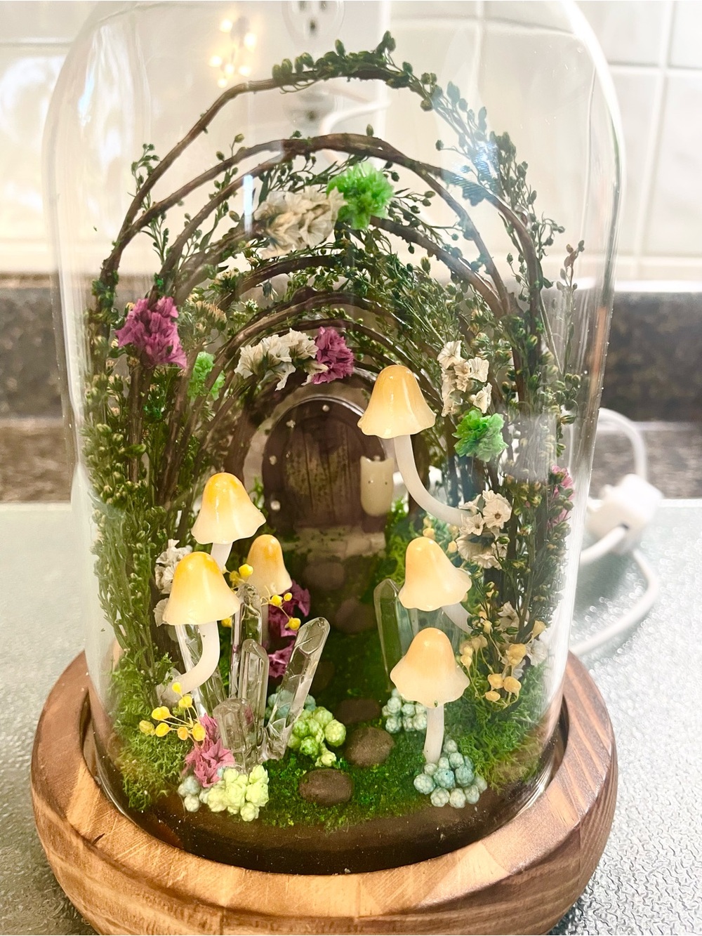 Glass Dome Fairy Garden with Yellow Mushroom Lights